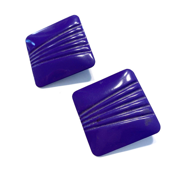 Vintage 1970’s Clip On Earrings Purple Enamel Squares Large Embossed Statement - Picture 3 of 7